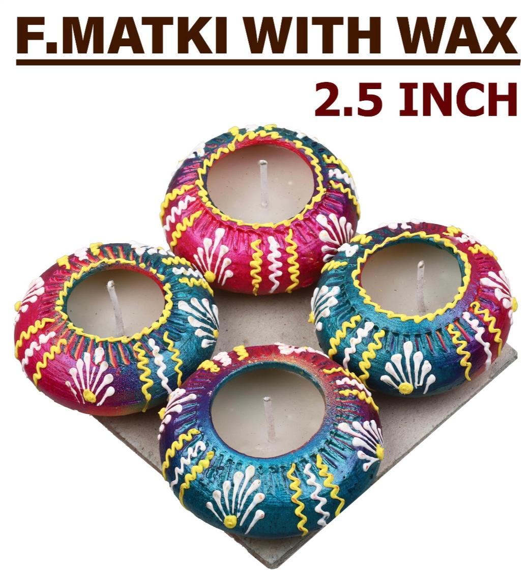 Diwali Diya F-Matki Assorted Colour with wax  (2.5 inch 4 Pic in set)