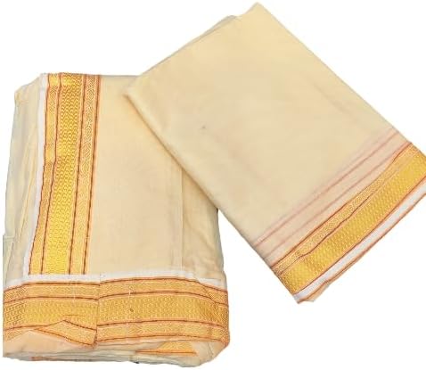 Pooja Dhoti Khes Kashi Border set Cream colour (Parag 4.5+2.25 Mts Aprx)