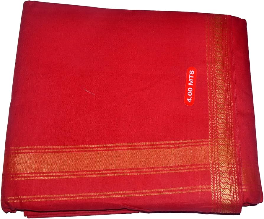 Pooja Dhoti Khes Kashi Border set Red colour (Parag 4.5+2.25 Mts Aprx)